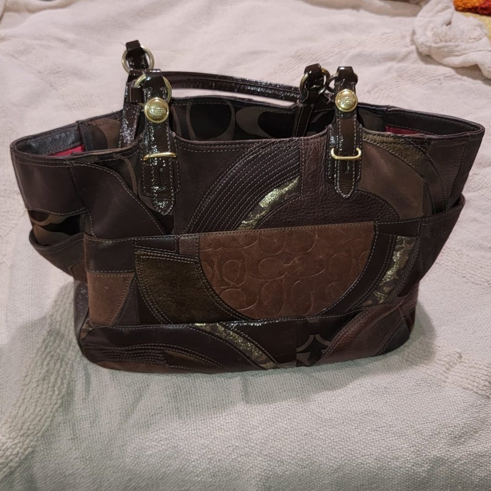 COACH Brown Patchwork Tote Leather& Suede Shoulder Bag F15459